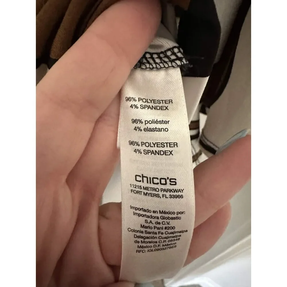 Chico’s Size 1 Abstract Print Lace-Up Brown Black Cream 3/4 Sleeve Stretch Top - Picture 6 of 8